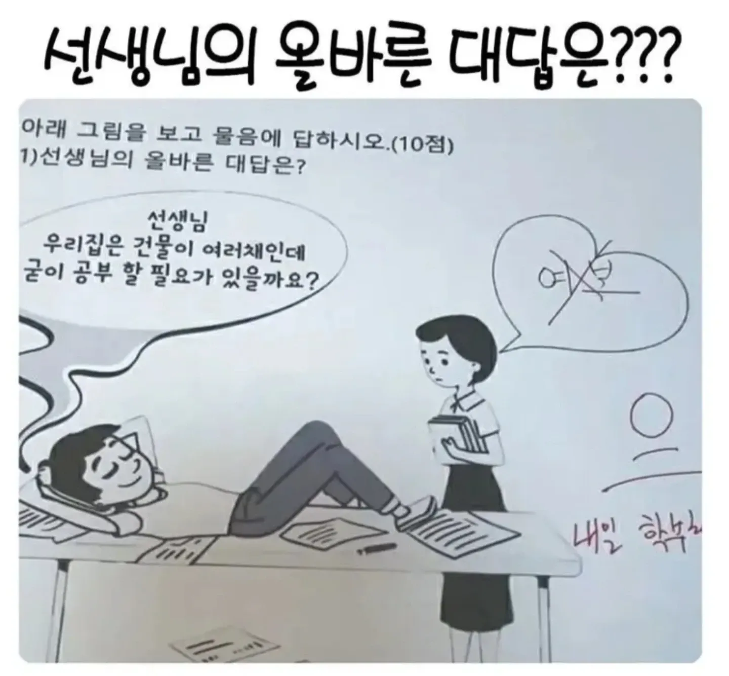 건물 여러 채를 가진 학생에게 공부의 필요성을 묻는 학습지 문제