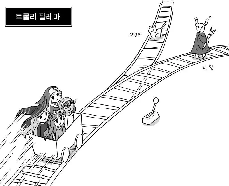 트롤리 딜레마 앞에서 고양이와 마왕이 대치하는 장면, 마왕의 분노 만화 컷