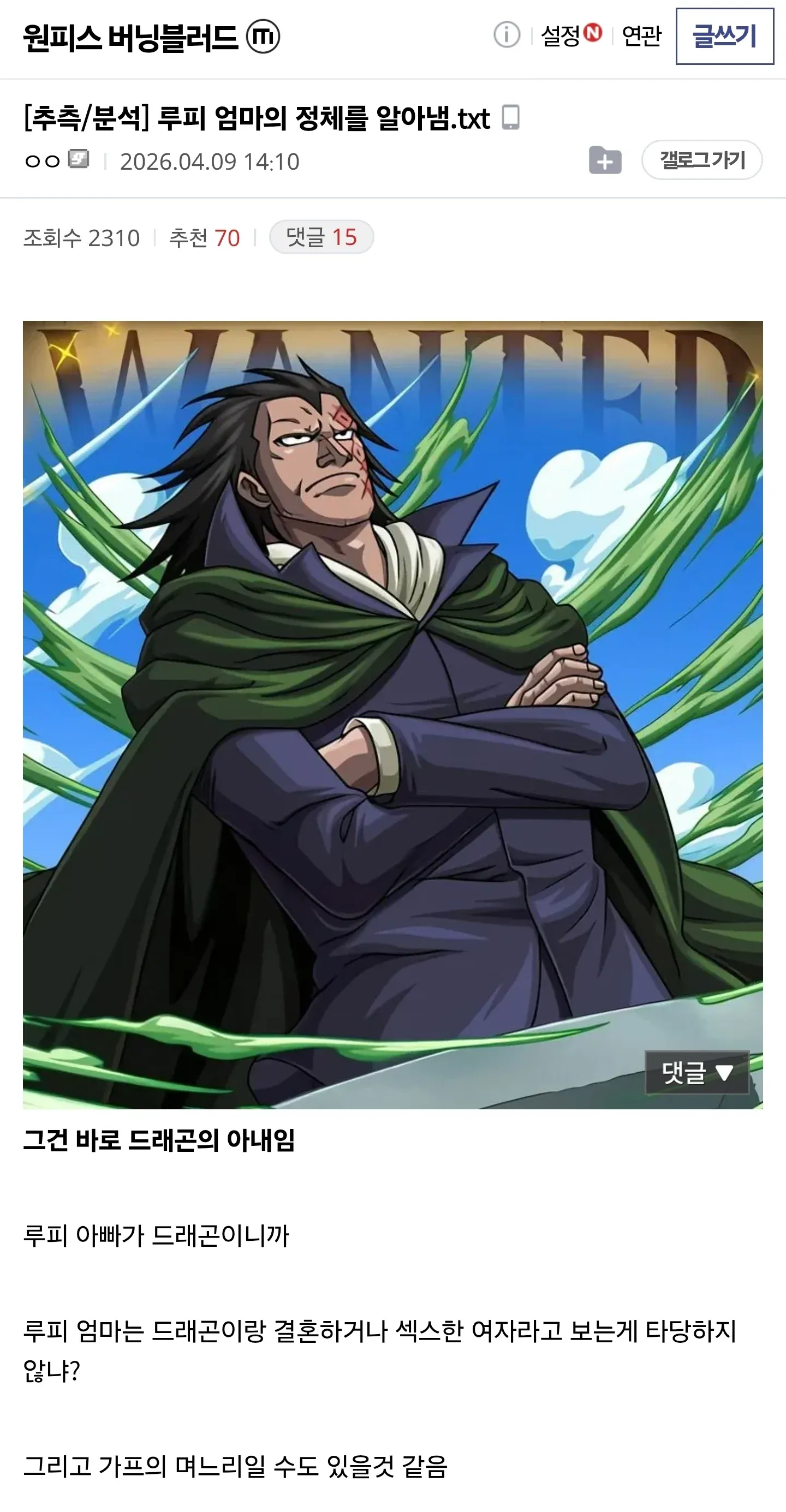 원피스 루피 엄마 정체 추측 게시글, 드래곤의 아내이자 가프의 며느리일 것이라는 분석