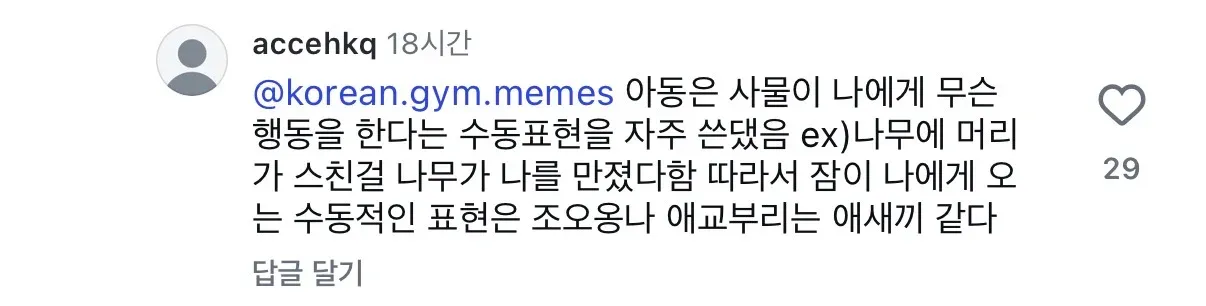 아동의 수동표현 특징과 잠이 온다는 표현을 비교한 인스타그램 텍스트 게시물