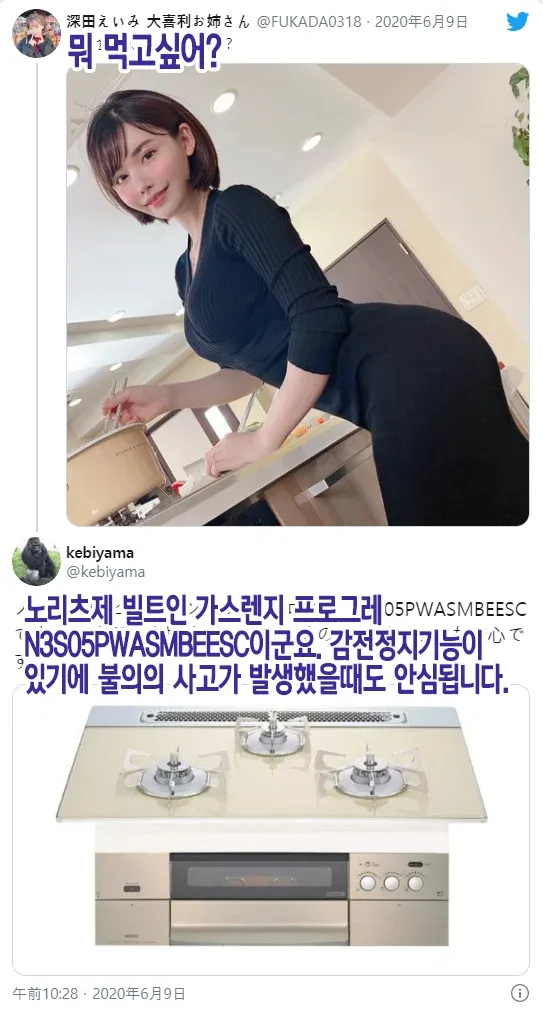 후카다 에이미가 뭐 먹고싶냐는 질문에 빌트인 가스렌지 모델명으로 답한 트윗