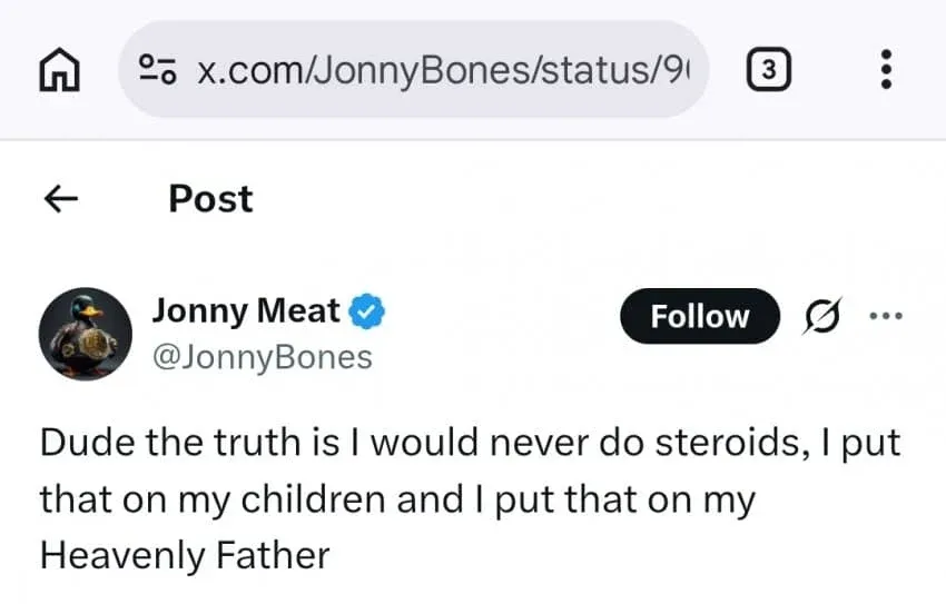 Jonny Meat의 트윗: 스테로이드를 절대 하지 않겠다고 자녀와 신앙에 걸고 맹세하는 글