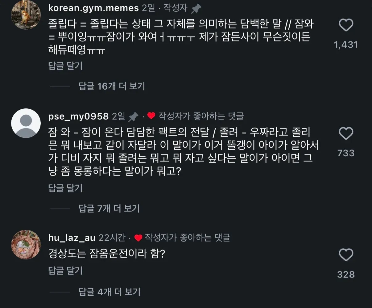 졸린다와 잠와의 뉘앙스 차이를 유머러스하게 분석한 인스타그램 텍스트 게시물
