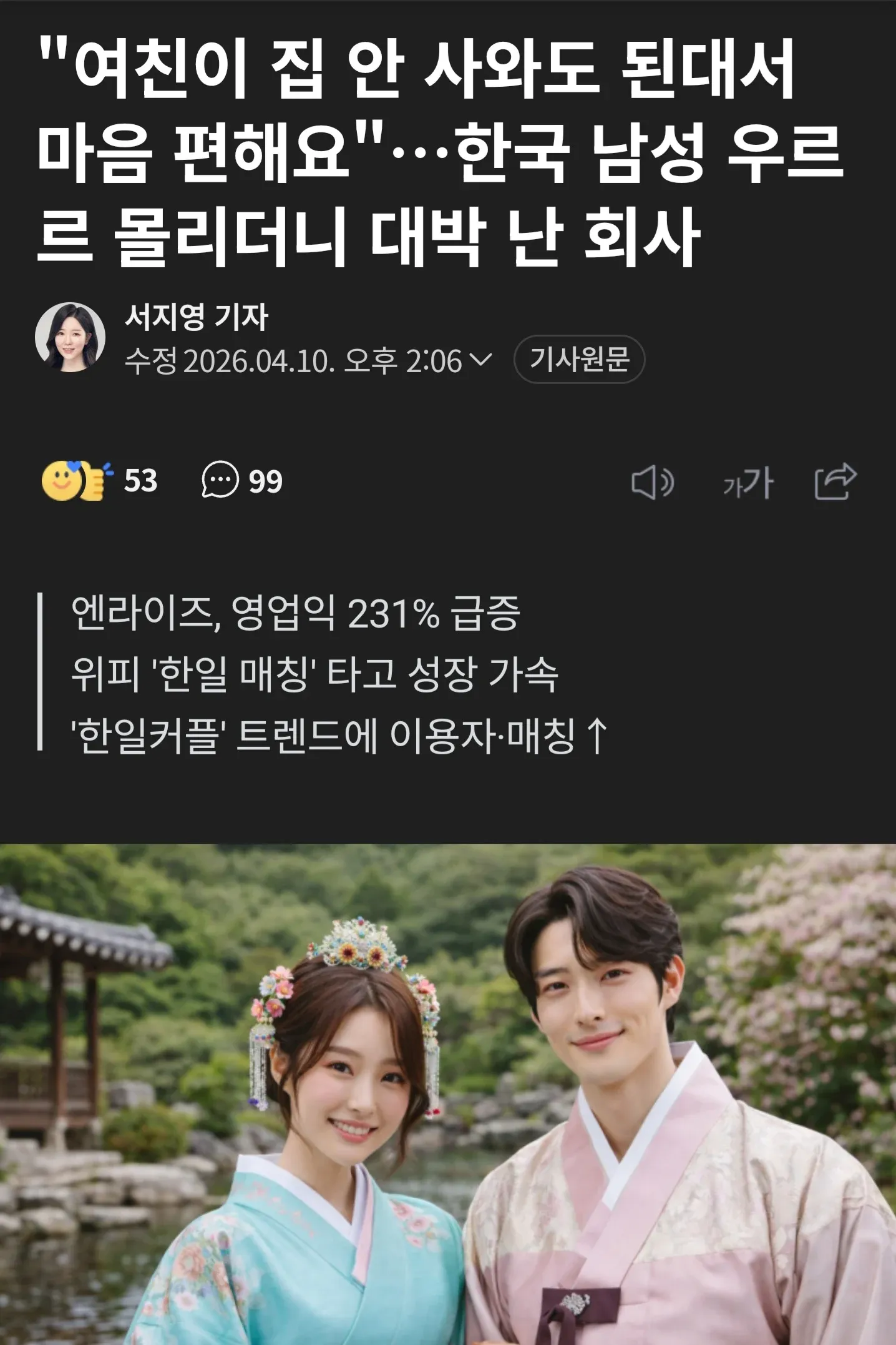 엔라이즈 영업이익 231% 급증, 위피 한일 매칭 서비스 성장 뉴스 기사 헤드라인