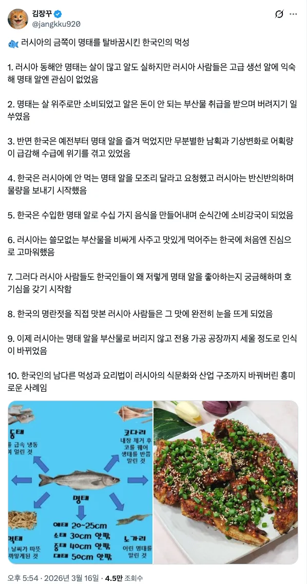 러시아의 명란 역사와 경제적 가치를 설명하는 7개 항목의 텍스트 게시물