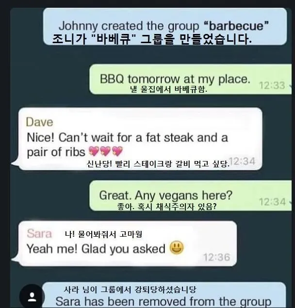 바베큐 그룹채팅에서 비건이라고 답한 사라가 바로 강퇴당하는 유머 짤