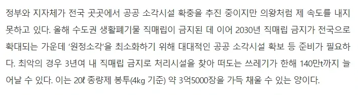 수도권 쓰레기 직매립 금지 시행 후 공공 소각시설 부족 현황과 2030년 전국 확대 대비 과제를 설명하는 뉴스 기사 본문