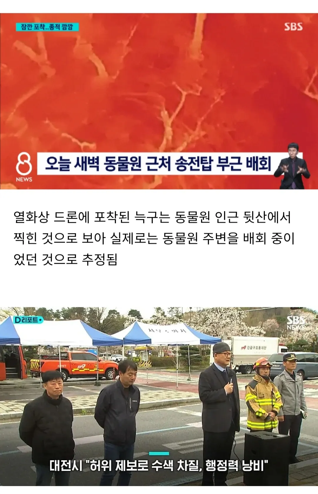 대전 동물원 인근 늑대 목격 주장 관련 조작된 열화상 드론 캡처 이미지