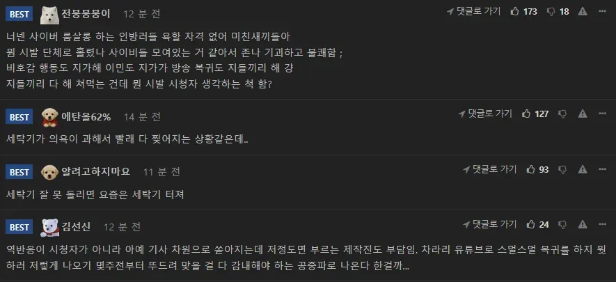 이휘재 복귀 방송에 대한 부정적 온라인 커뮤니티 댓글 모음 캡처