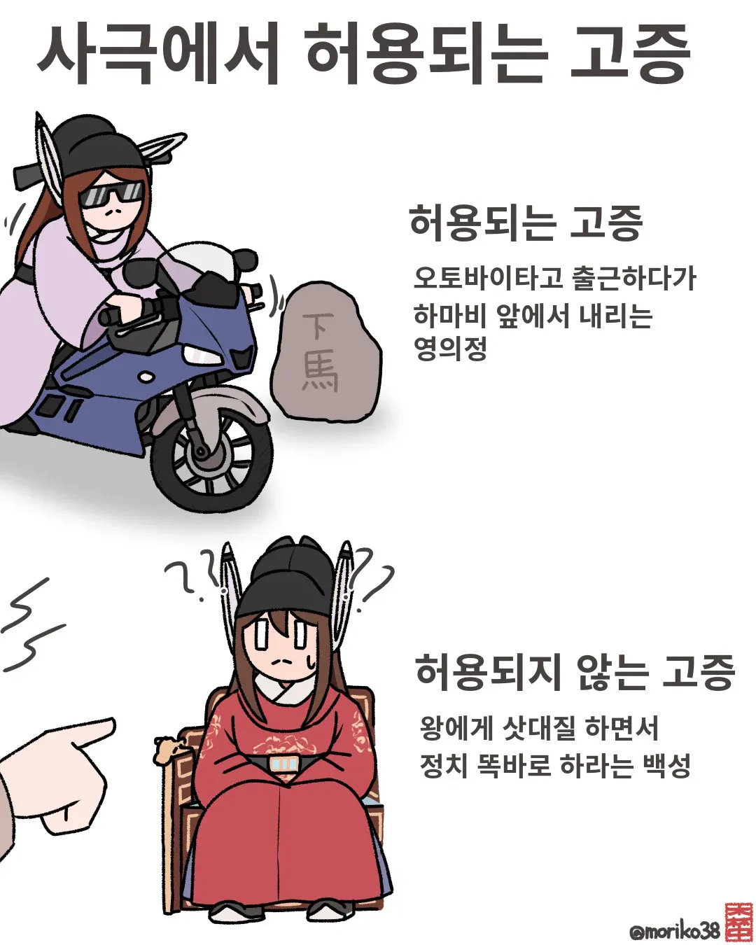 사극 고증 허용 범위 비교 밈: 오토바이 타는 명의정은 허용, 왕에게 삿대질하는 백성은 불허