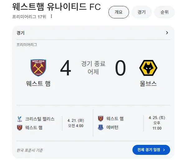 프리미어리그 17위 팀의 경기 일정 화면, 웨스트햄과 에버턴 경기 예정 표시