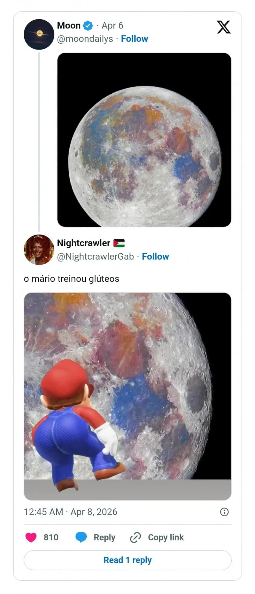 달 표면에서 우주비행사가 엉덩이 근육이 강조된 자세로 걸어가는 모습을 캡처한 트윗 스크린샷