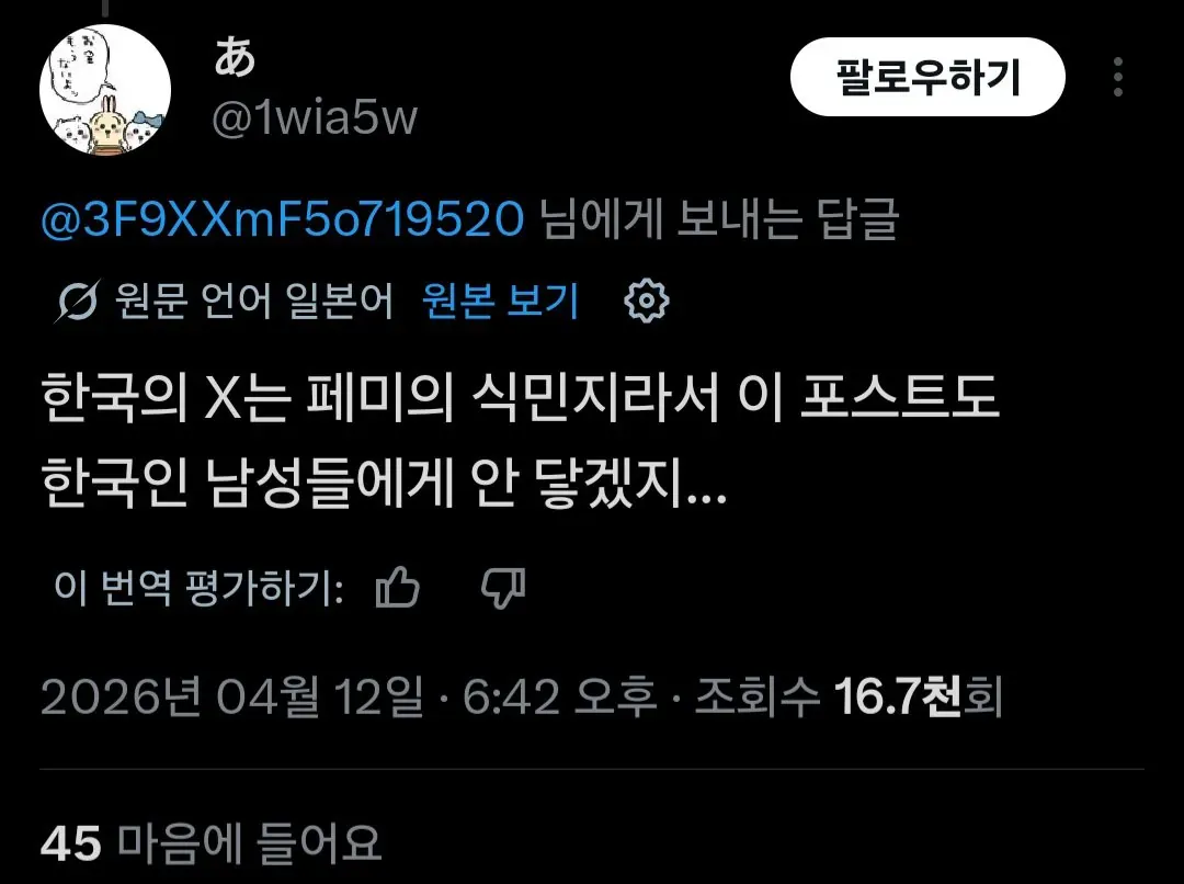 일본인 사용자가 한국 X(트위터)가 페미니즘에 지배당하고 있다고 주장하는 번역된 트윗 스크린샷