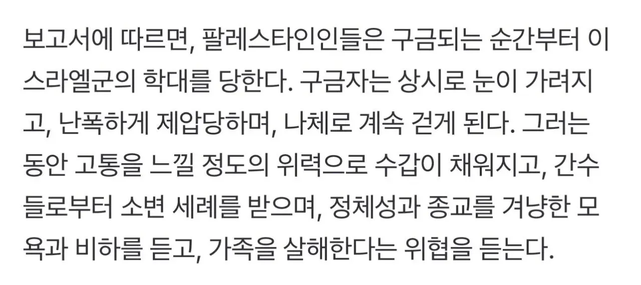 이스라엘군의 팔레스타인 구금자 학대 실태를 보도한 기사 본문 캡처