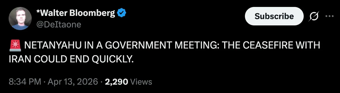 네타냐후의 이란 휴전 종료 가능성 발언을 전하는 트윗 게시물