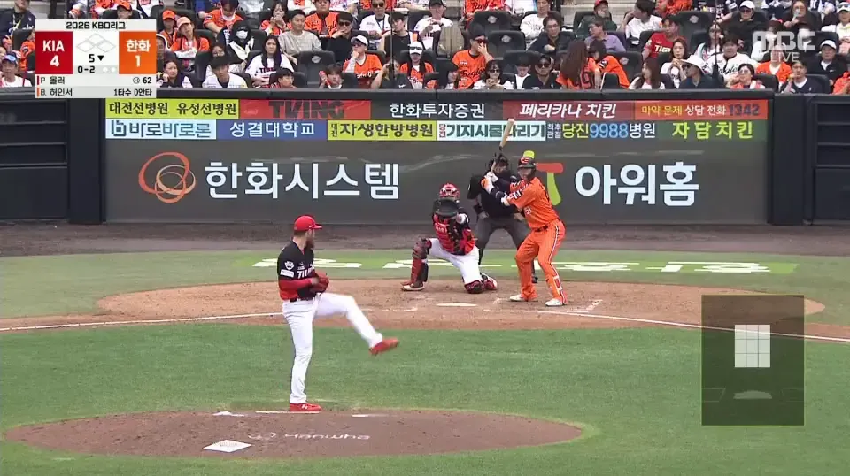 KBO리그 KIA 대 한화 경기 중 한화 타자의 소극적 타격 장면 GIF