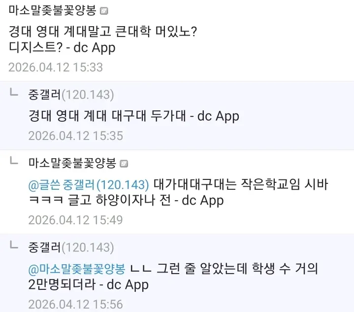 대구 소재 대학교 규모를 논하는 온라인 커뮤니티 댓글 캡처