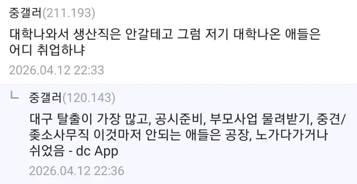 대구 지역 대졸자 취업 현실에 대한 익명 온라인 커뮤니티 댓글 캡처
