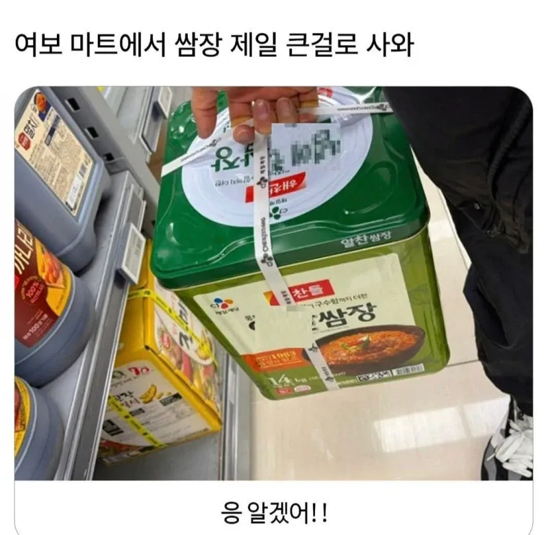 아내가 쌈장 제일 큰 걸로 사달라고 하자 14kg 대용량 쌈장을 사온 남편의 카톡 대화
