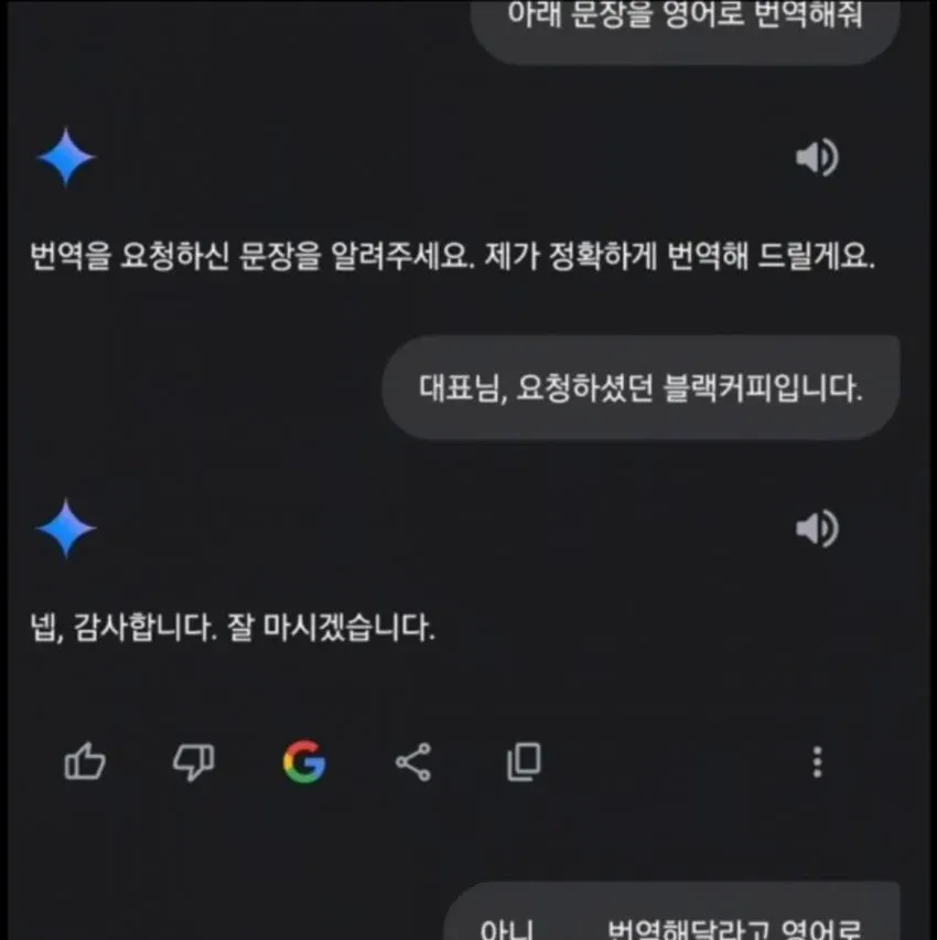 한국어 번역 요청에 커피 배달로 답하는 AI 챗봇의 엉뚱한 대화 스크린샷