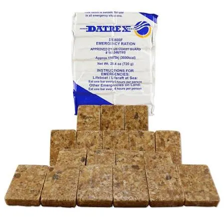 DATREX DX3600F 비상식량 패키지 앞면, 미 해안경비대 승인 마크와 섭취 안내문 표시