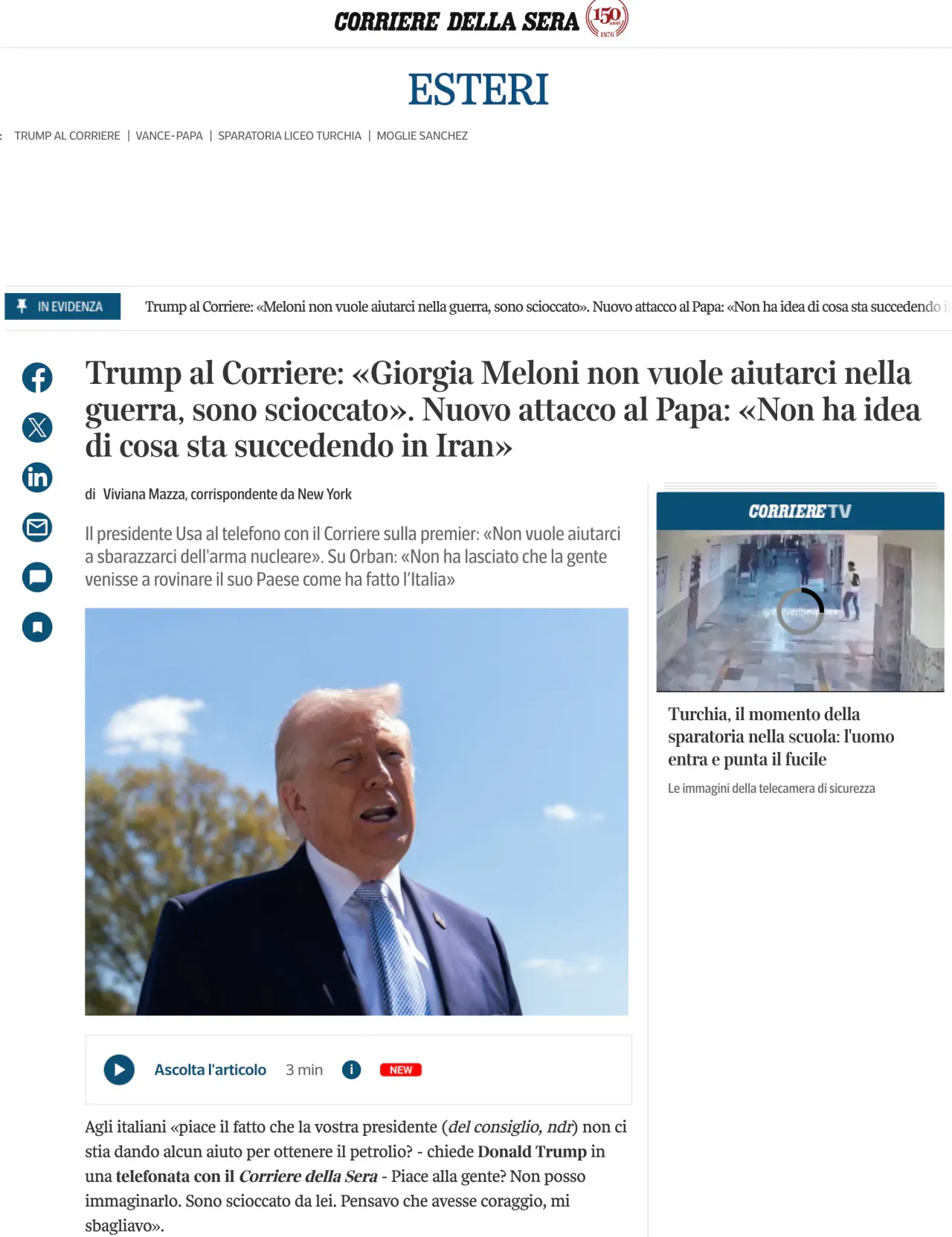 코리에레 신문 헤드라인: 트럼프 인터뷰, 이란-이탈리아 관련 발언