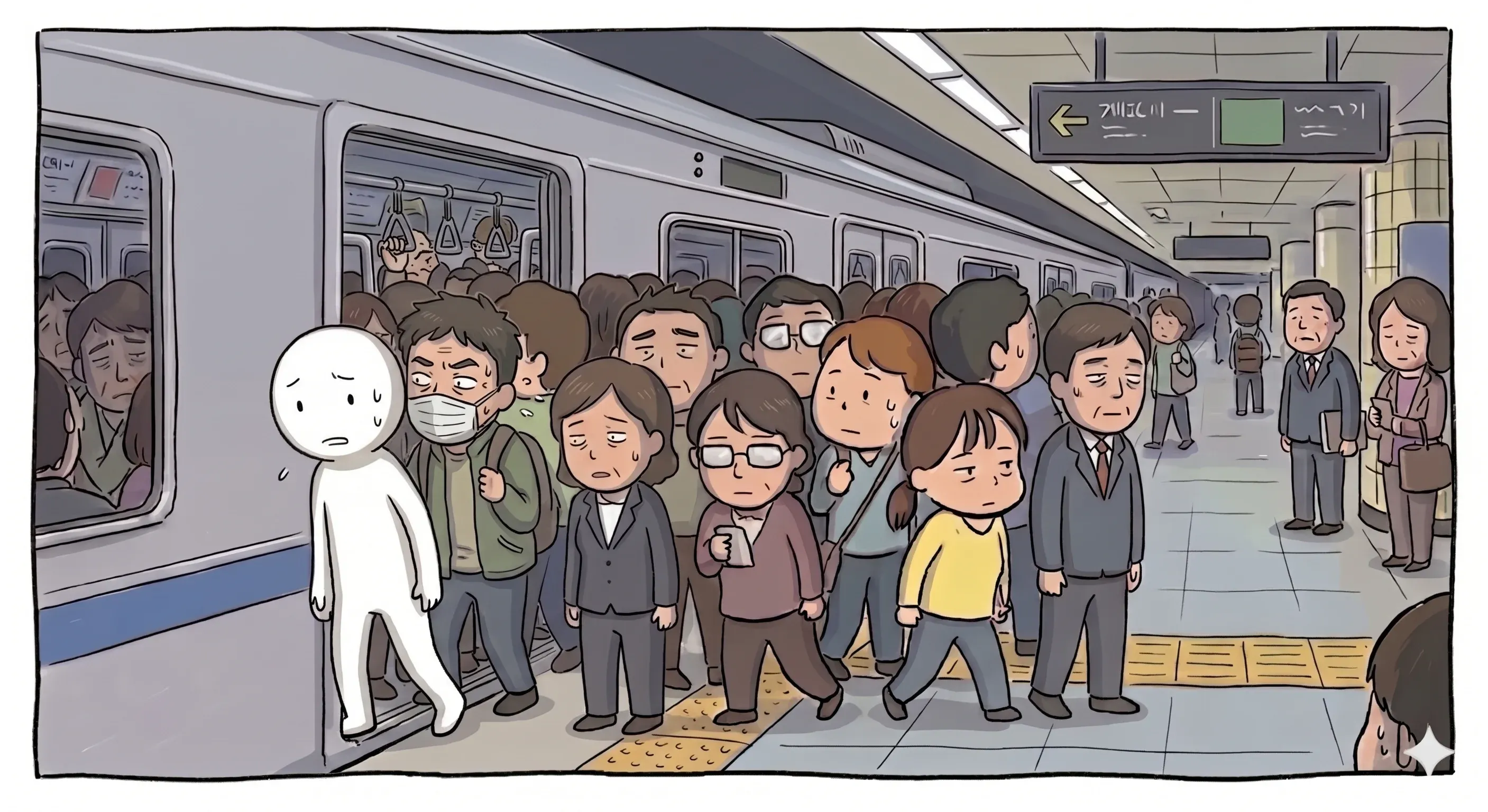 지하철 좌석에 빽빽하게 앉아 있는 출근길 승객들