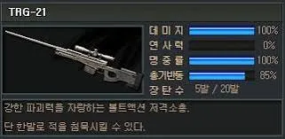 TRG-21 볼트액션 저격소총 게임 내 무기 스탯 정보 화면