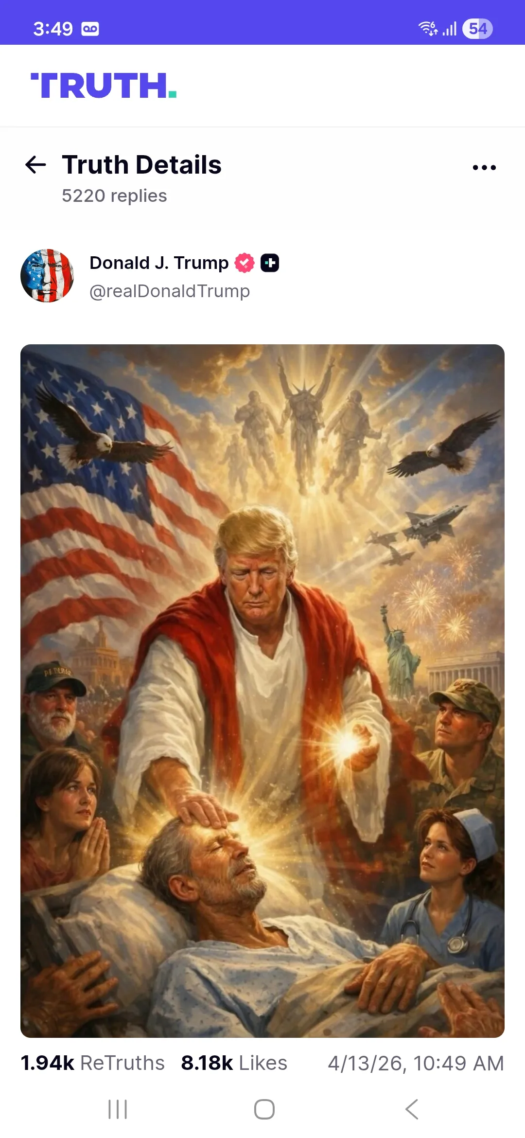 `트럼프의 Truth Social 게시물, 5220개 답글, 1.94k 리트루스, 8.18k 좋아요`