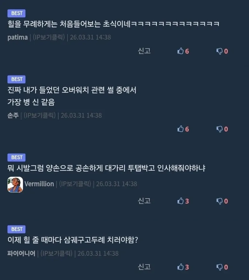 오버워치 '힐을 무례하게' 표현에 대한 게이머 커뮤니티 반응 스크린샷