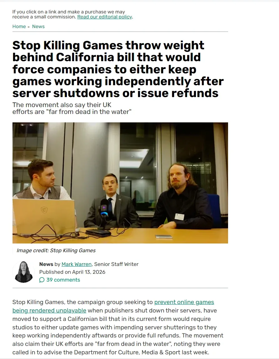 Stop Killing Games 캘리포니아 법안 지지 관련 기사 헤더
