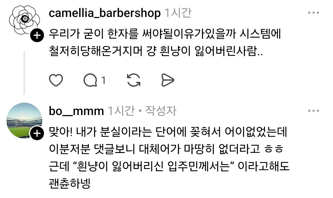 아파트 커뮤니티 댓글: '분실' 표현 대신 '잃어버린'으로 바꾸자는 대화