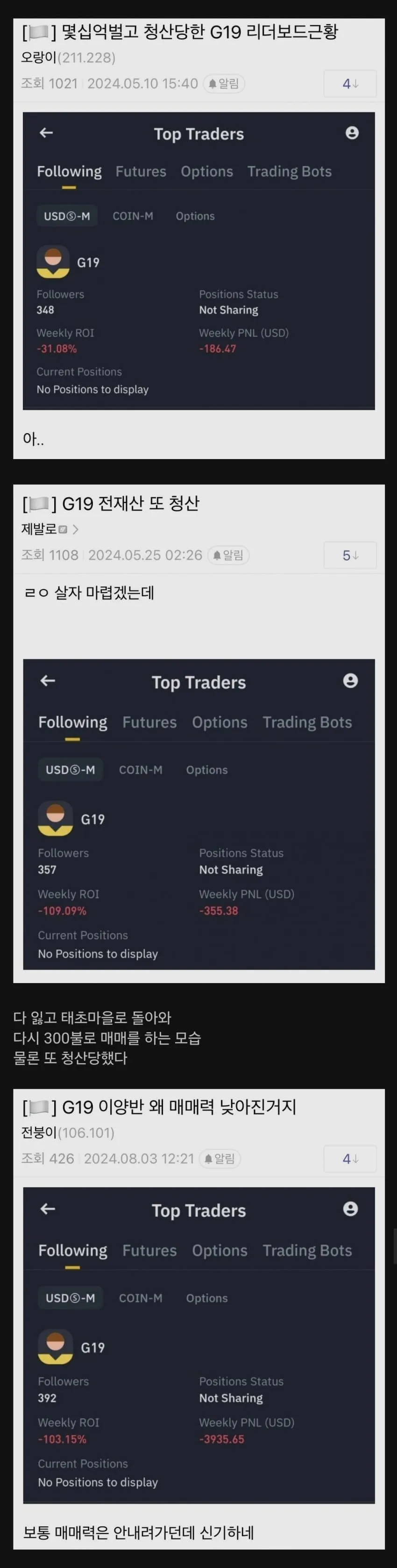 G19 트레이더의 청산 후 빈 포트폴리오 리더보드 캡처 모음