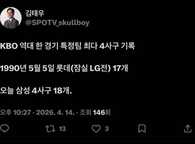 KBO 한 경기 최다 4사구 기록: 롯데 17개(1990) vs 삼성 18개(2026.4.14)