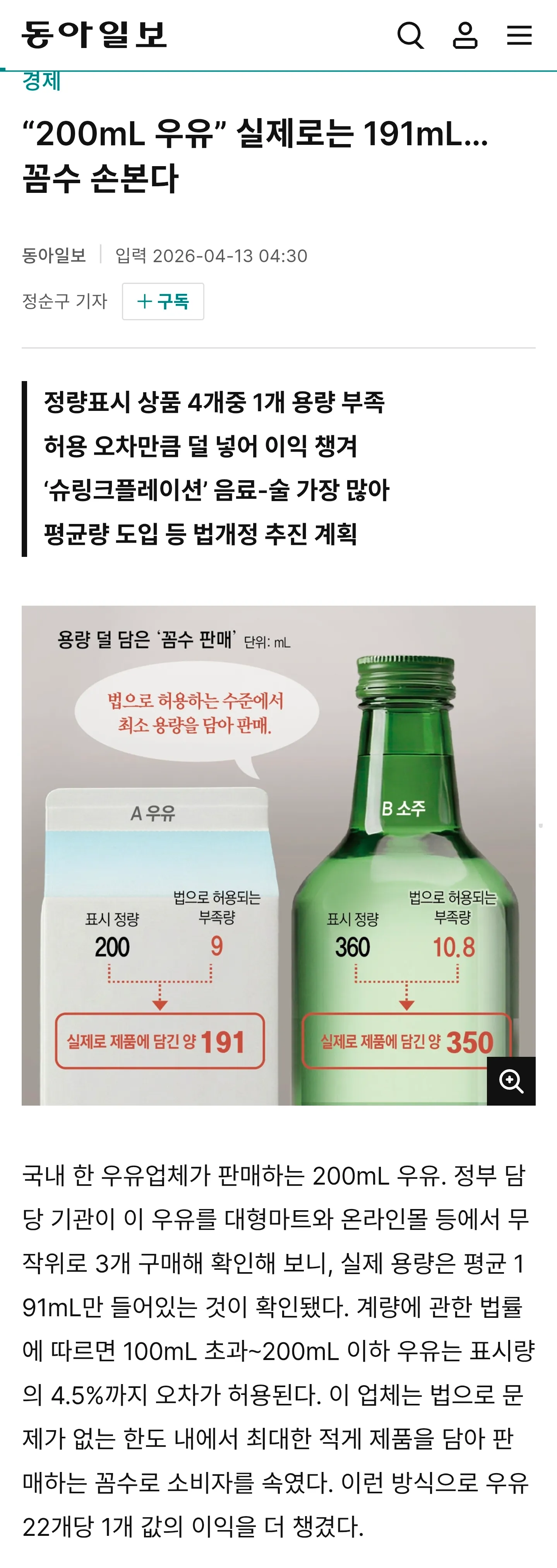 200mL 표시 우유의 실제 용량이 191mL에 불과한 정량 부족 문제를 보도한 동아일보 경제 기사