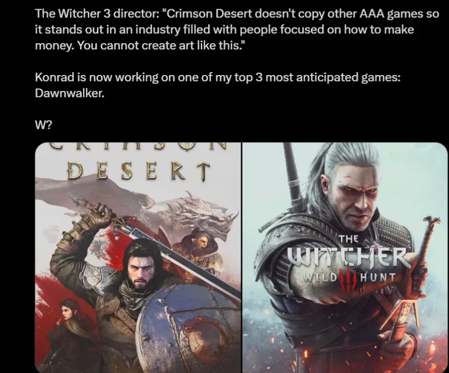 위쳐3 디렉터의 붉은사막 극찬 게시글 스크린샷