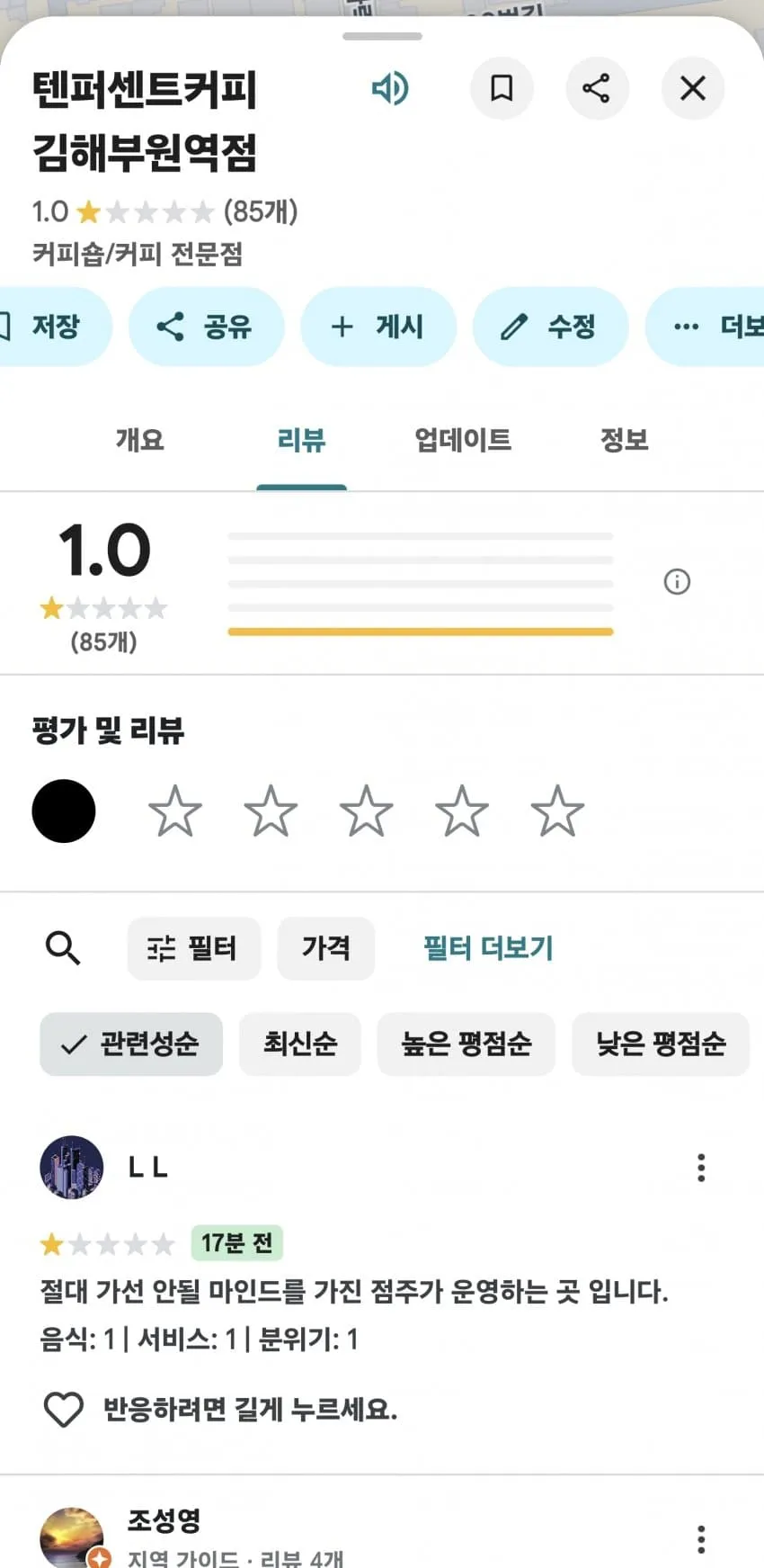 텐퍼센트커피 김해부원역점 구글 리뷰 페이지, 평점 1.0(85개), 부정적 리뷰와 별점 1점 평가 표시