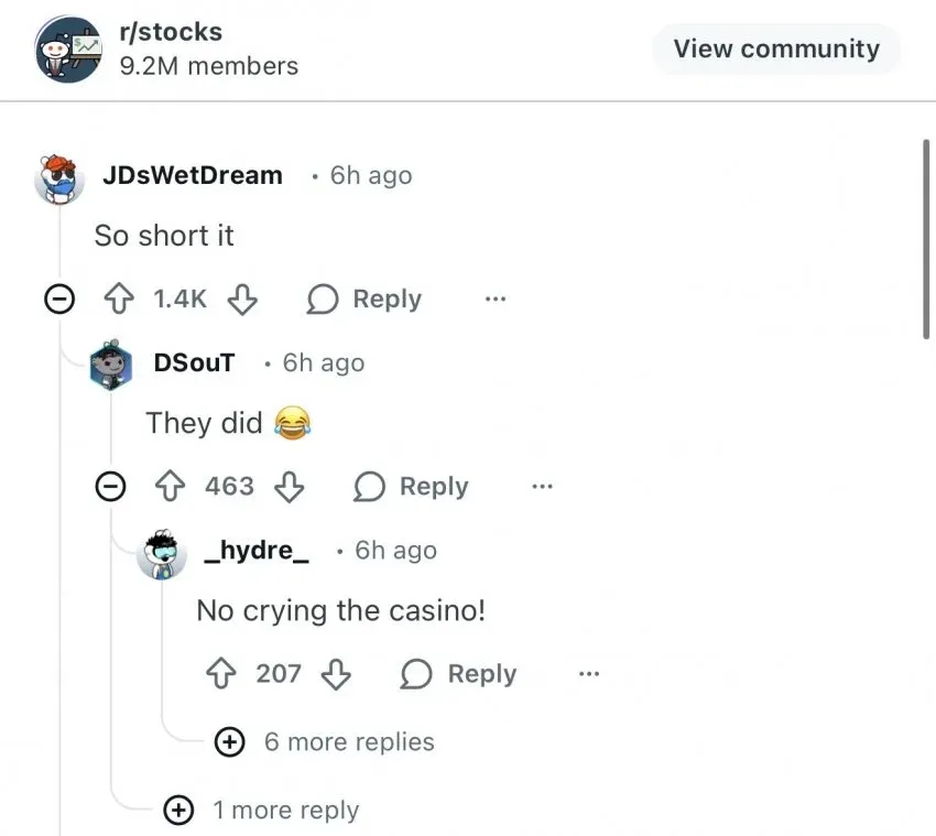 레딧 주식 게시글에 달린 유머러스한 댓글 스레드