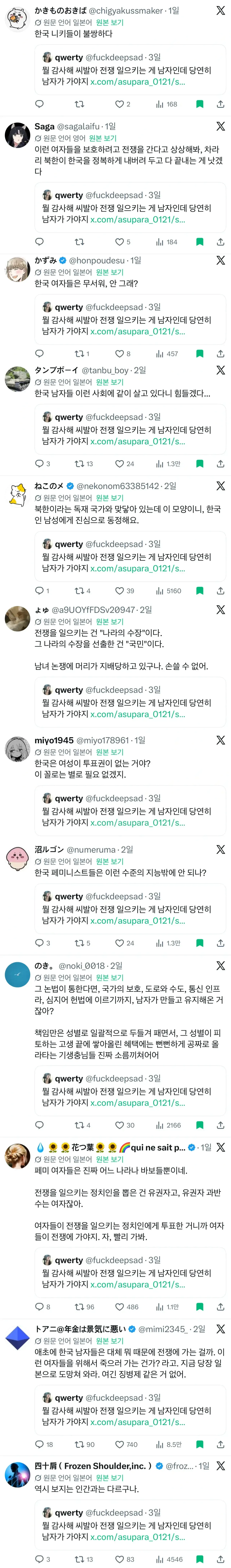 한국 남성 군복무 감사 논쟁 트위터 캡처