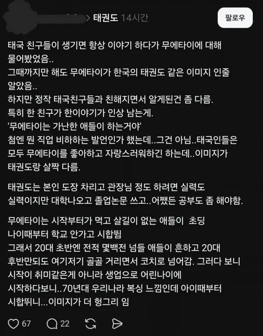 태권도와 무에타이의 사회적 인식 차이를 비교하는 한국어 텍스트 게시글
