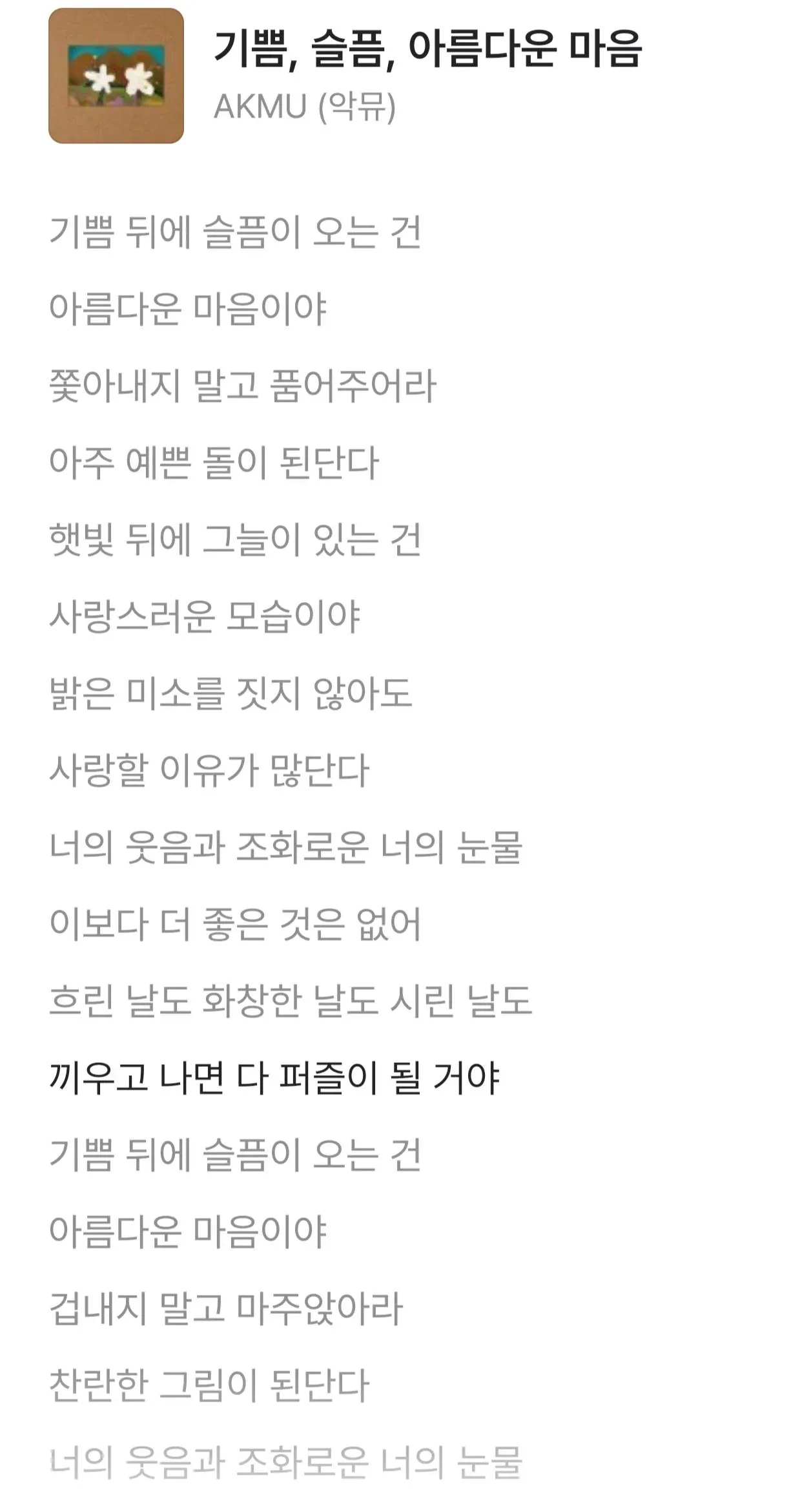 AKMU의 '기쁨, 슬픔, 아름다운 마음' 가사가 적힌 이미지