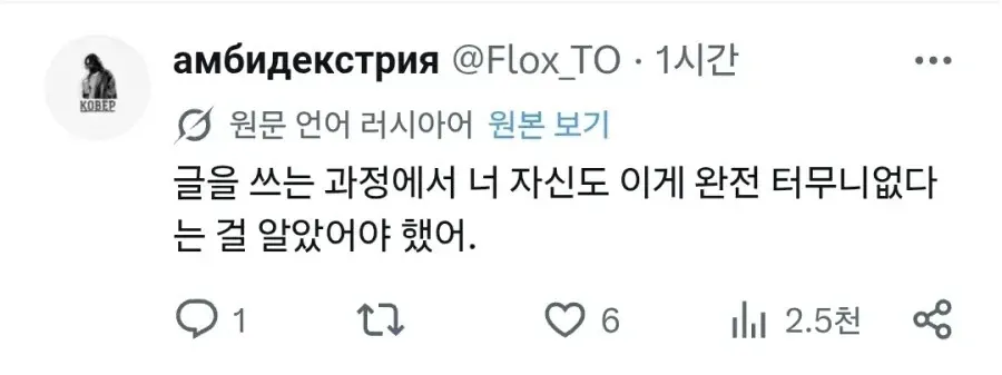 러시아어 트윗의 한국어 번역 스크린샷