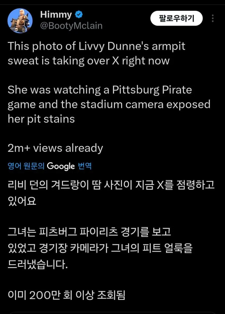 경기장에서 겨드랑이 땀 자국이 보이는 여성 관중 사진에 대한 SNS 게시글