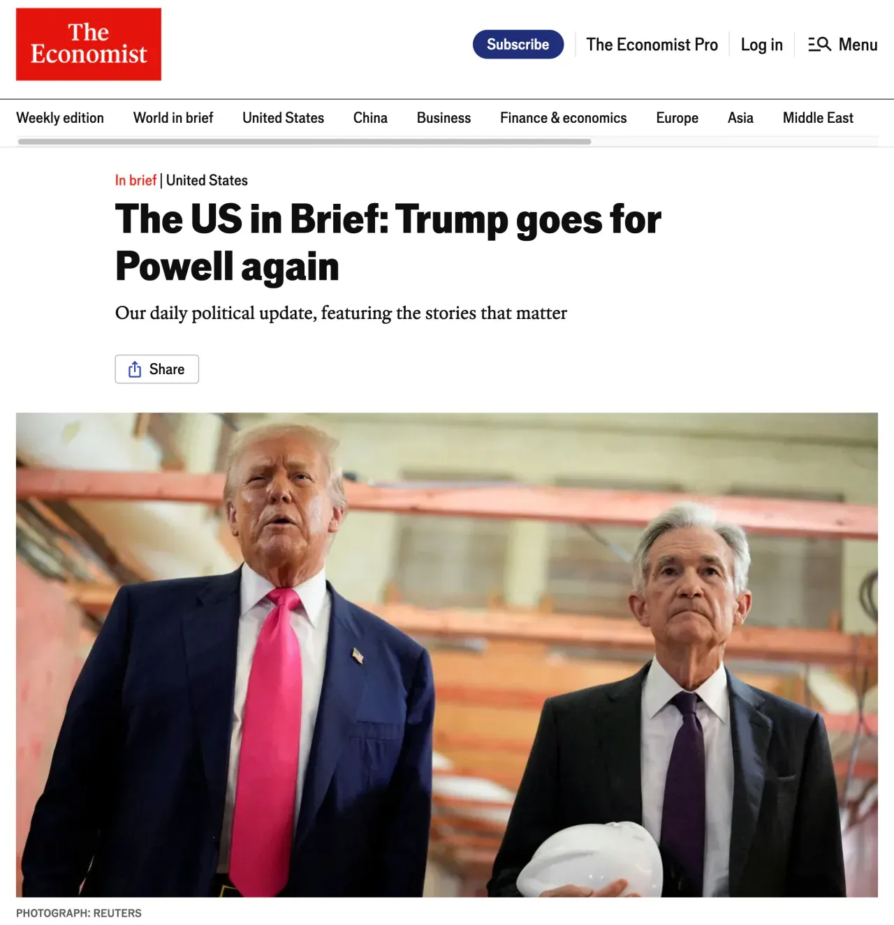 트럼프 대통령의 파월 연준의장 해임 관련 뉴스 기사 헤더 이미지