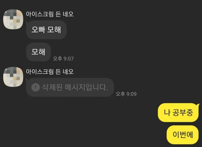 카카오톡 대화창. '오빠 모해' 질문 후 삭제된 메시지, 이어서 '나 공부중 이번에' 답변