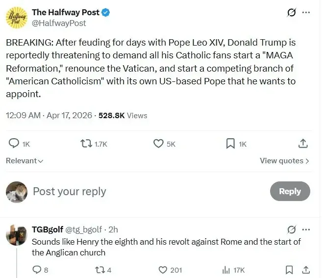 트럼프, 교황과 대립 후 미국 가톨릭 분파 창설 위협하는 소셜미디어 게시물