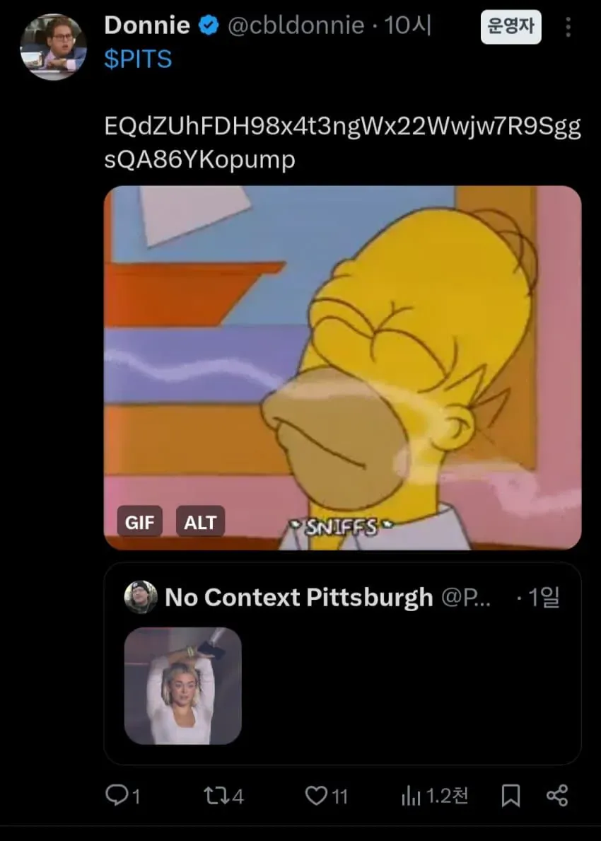 피츠버그 겨땀 밈을 인용한 솔라나 밈코인 $PITS 홍보 트윗