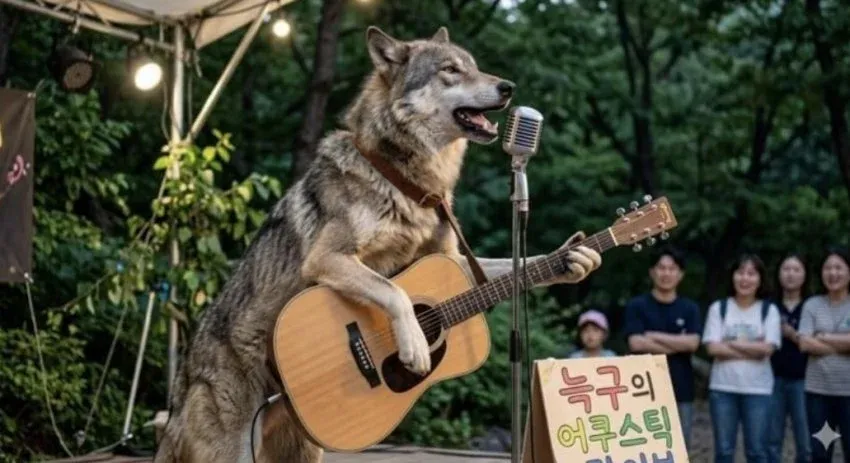 어쿠스틱 기타를 연주하며 라이브 공연 중인 늑구
