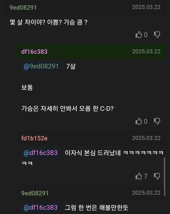 온라인 채팅방에서 여성의 외모와 신체에 대해 부적절하게 논의하는 대화 캡처