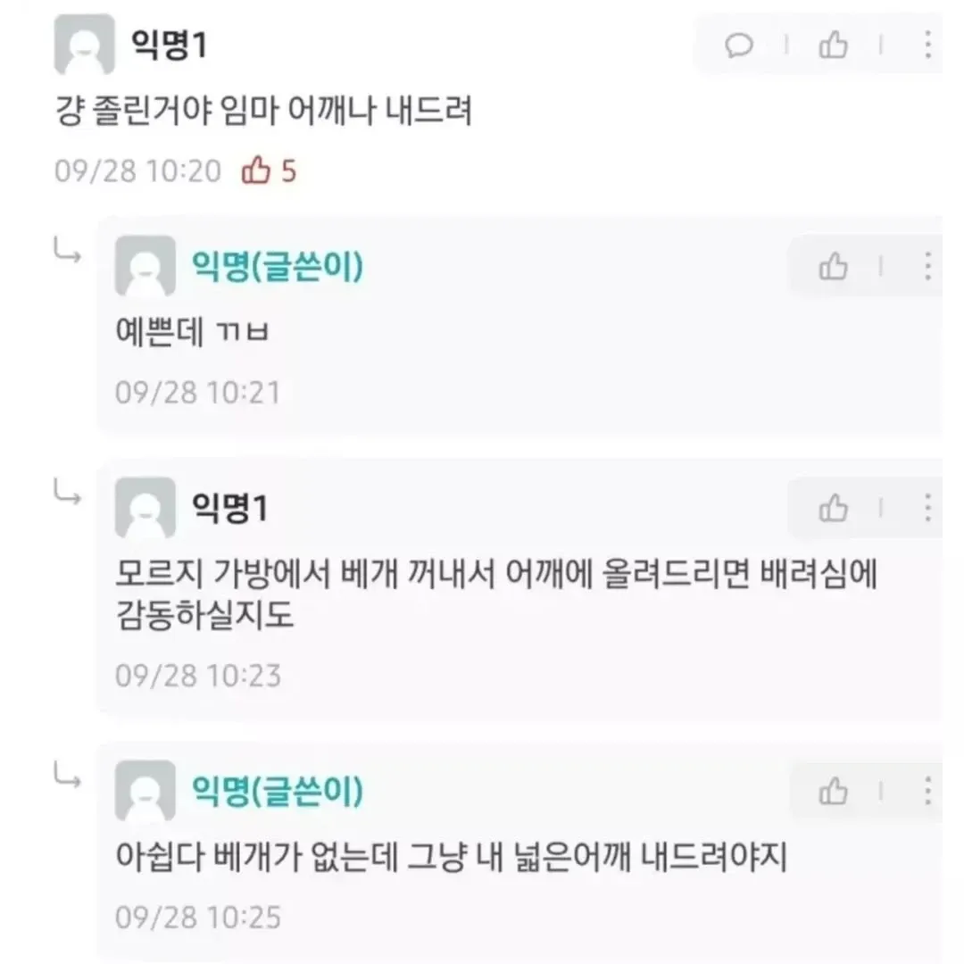 옆자리에서 조는 여자에게 어깨를 빌려줄지 고민하는 익명 게시판 댓글 대화